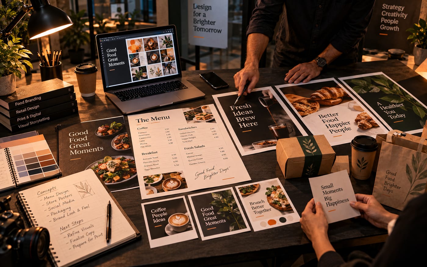 Menu boards, store posters, packaging and social media designs for a food brand laid out on a studio table