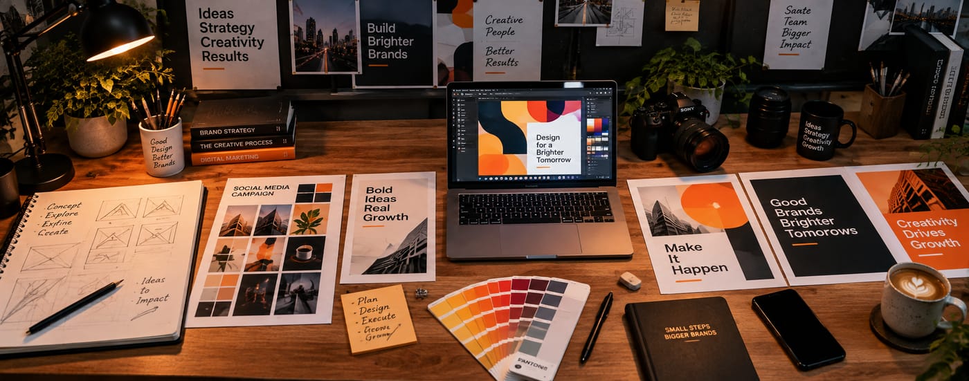 Creative desk with concept sketches, social media campaign prints, a laptop, a camera and colour swatches