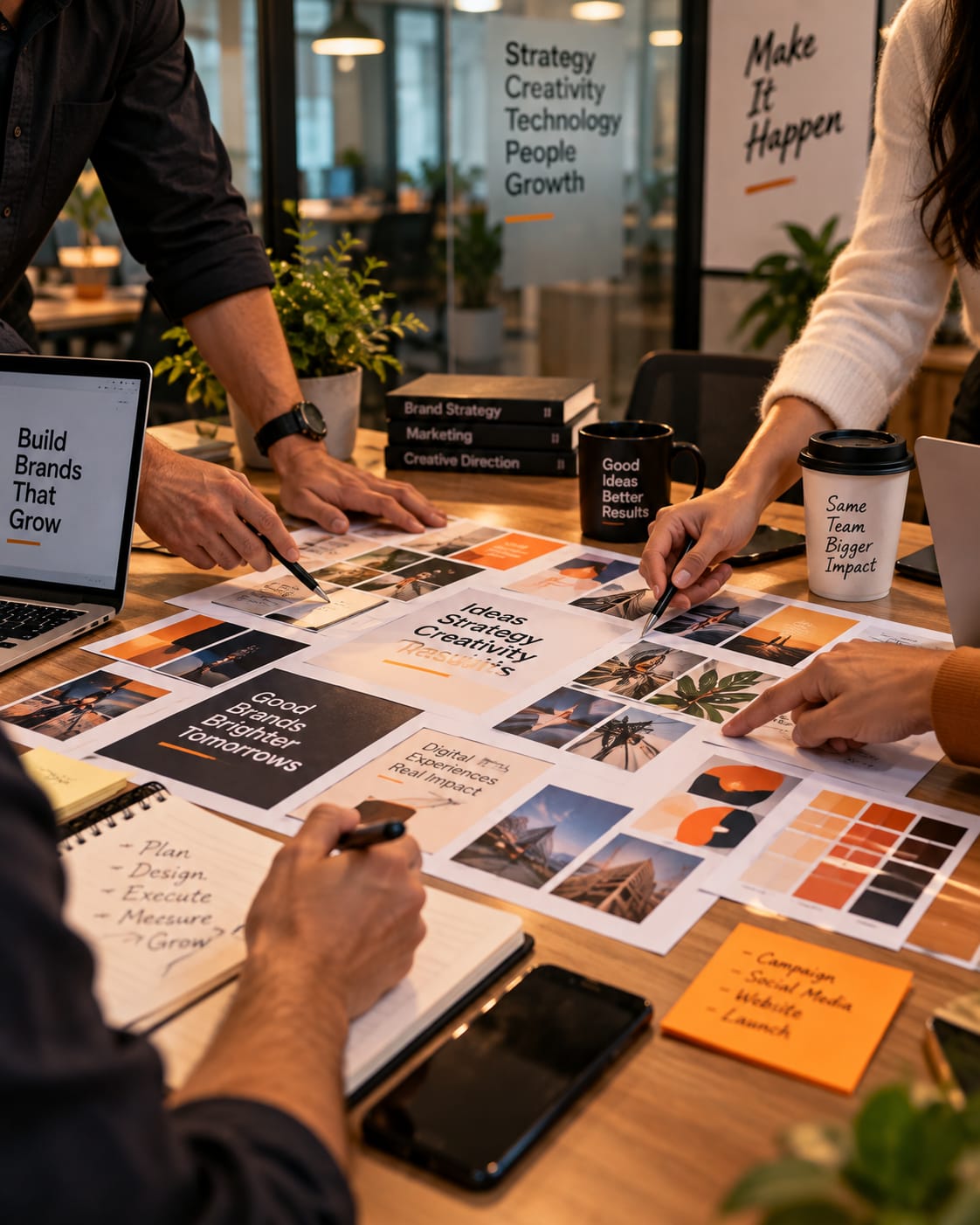 Agency team reviewing printed campaign layouts and a mood board around a meeting table
